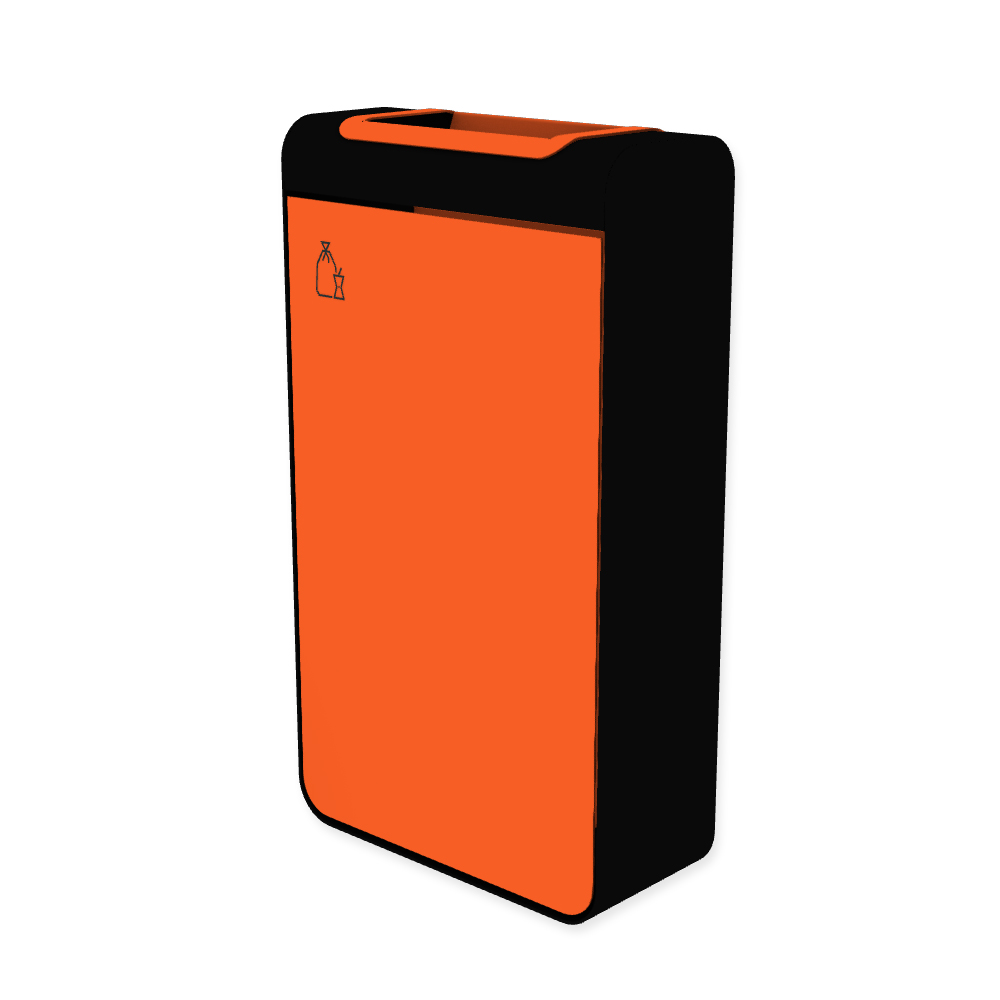 Die Abb. zeigt den EGOÉ Abfallbehälter I20 - 60 Liter mit Piktogramm Restmüll, Farbe Rahmen Tiefschwarz (RAL 9005) und Farbe Korpus Hellrotorange (RAL 2008).