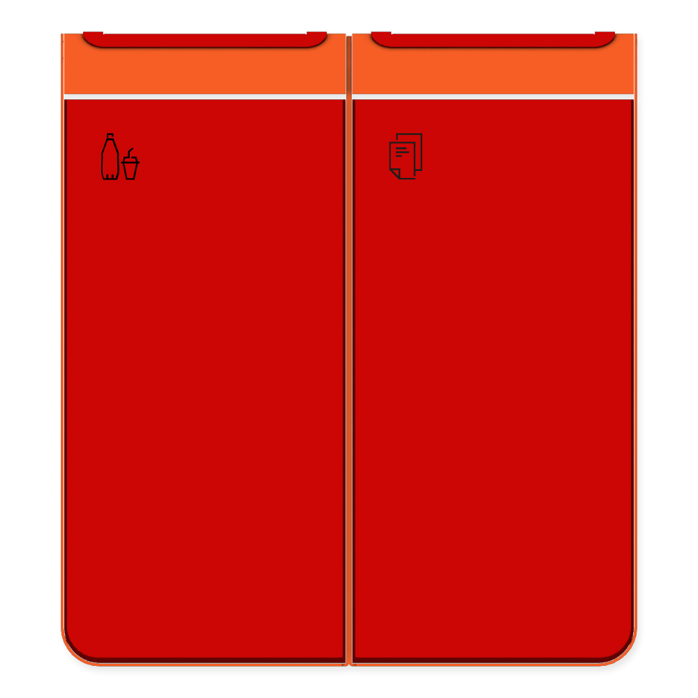 Die Abb. zeigt den EGOÉ Recycling Abfallbehälter I20 - 2x45 Liter mit Piktogrammen Kunststoff-Papier, Farbe Rahmen Hellrotorange (RAL 2008) und Farbe Korpus Verkehrsrot (RAL 3020).