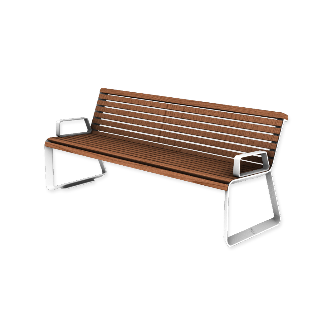 Die Abb. zeigt die EGOÉ Bank I2 profiliertes Aluminiumgestell mit Armlehnen in Reinweiß (RAL 9010) mit Jatoba geölt.