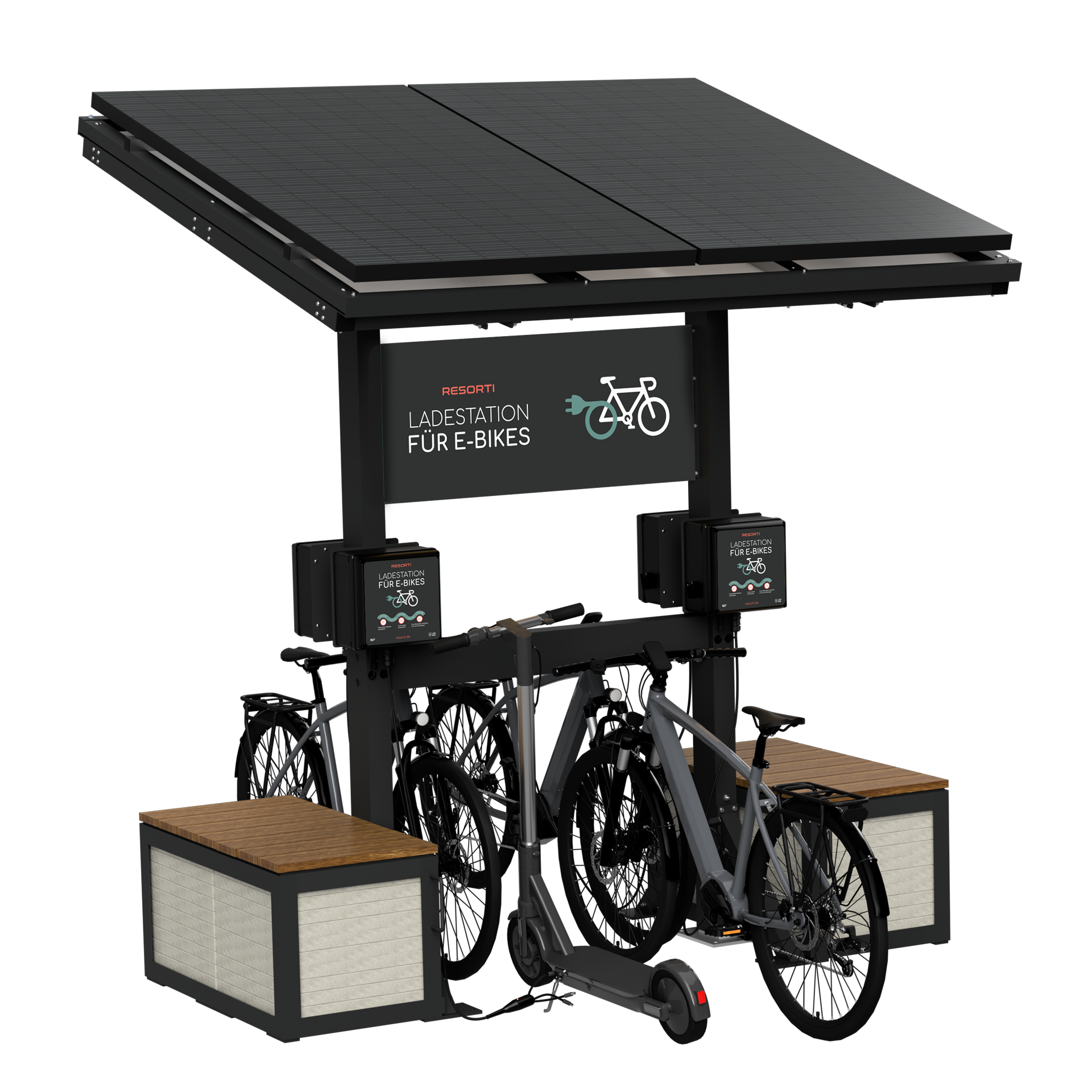 Die Abb. zeigt das mobile RESORTI Solar-Ladesystem für E-Bikes in Reihenanordnung (Bikes & Betonplatten nicht im Lieferumfang).