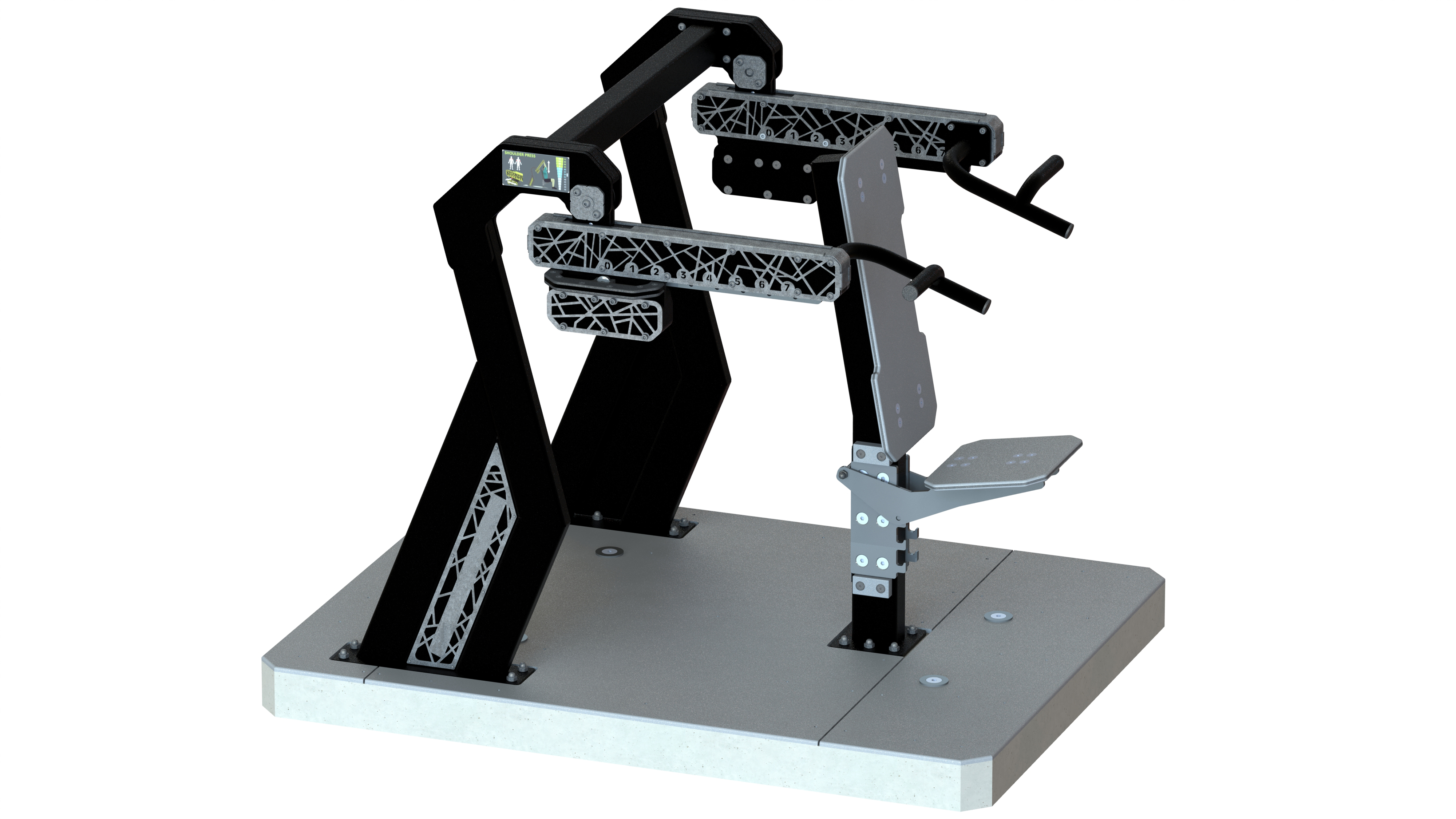 Die Abb. zeigt die Schulterpresse des Alpha Steel Sets mit Bodenplatten.