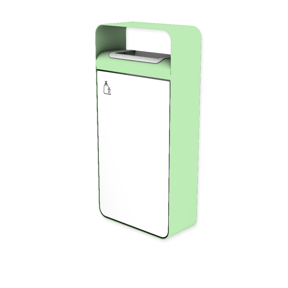 Die Abb. zeigt den EGOÉ Abfallbehälter I20 mit Piktogramm Restmüll, Dach - 60 Liter mit Piktogramm Restmüll, Farbe Rahmen Weißgrün (RAL 6019) und Farbe Korpus Reinweiß (RAL 9010).