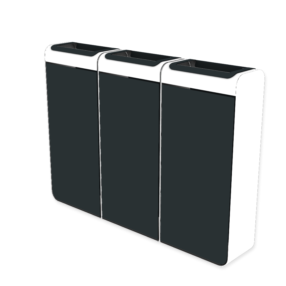 Die Abb. zeigt den EGOÉ Recycling Abfallbehälter I20 - 3x45 Liter mit Farbe Rahmen Reinweiß (RAL 9010) und Farbe Korpus Anthrazitgrau (RAL 7016).