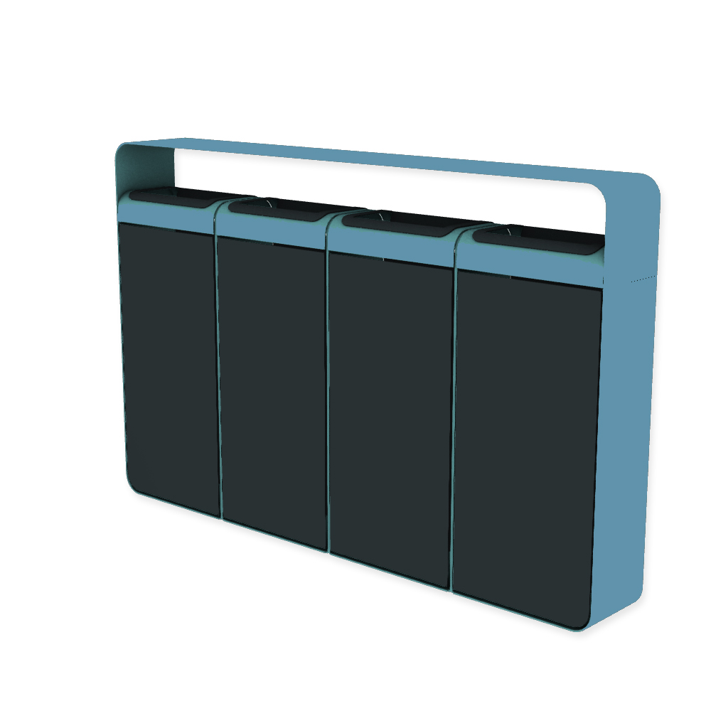Die Abb. zeigt den EGOÉ Recycling Abfallbehälter I20 mit Dach - 4x45 Liter mit Farbe Rahmen Pastellblau (RAL 5024) und Farbe Korpus Anthrazitgrau (RAL 7016).