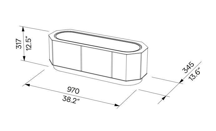 Die Abb. zeigt die technischen Daten des EGOÉ Pflanzkübels A30 aus Aluminium oval, 45 Liter.