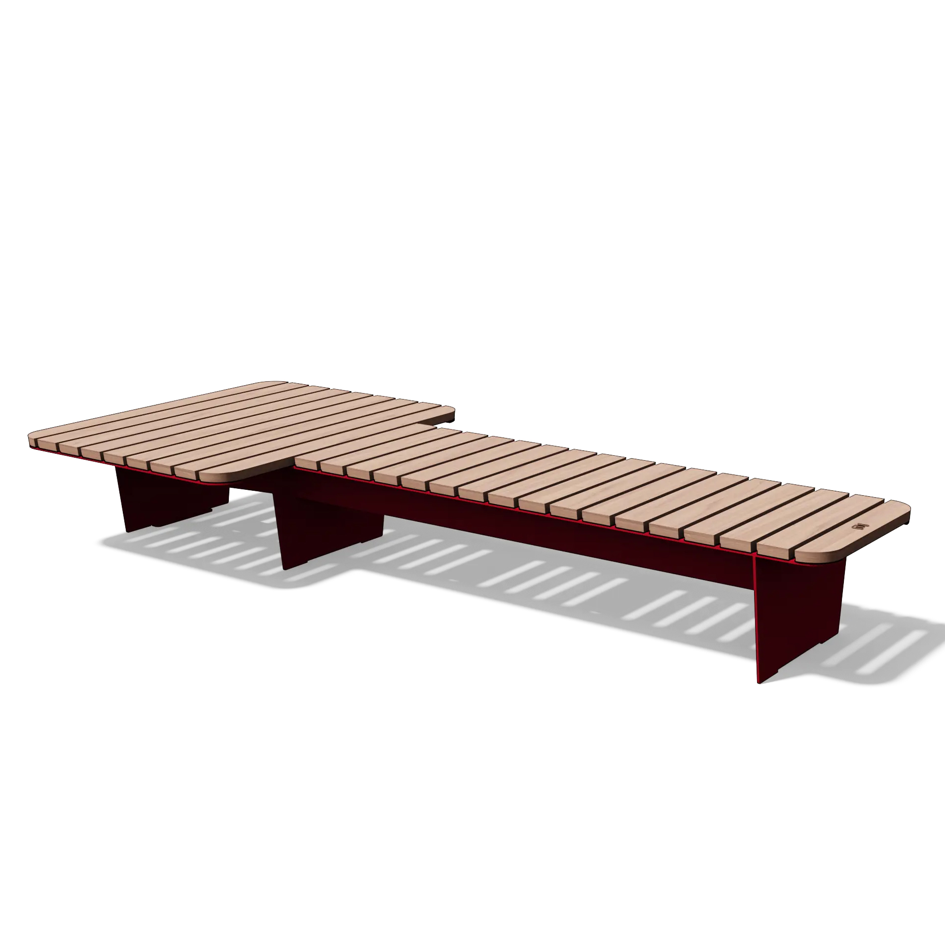 Die Abb. zeigt die EGOÉ Bank O1 in T-Form in Jatoba Natur und Verkehrsrot (RAL 3020).