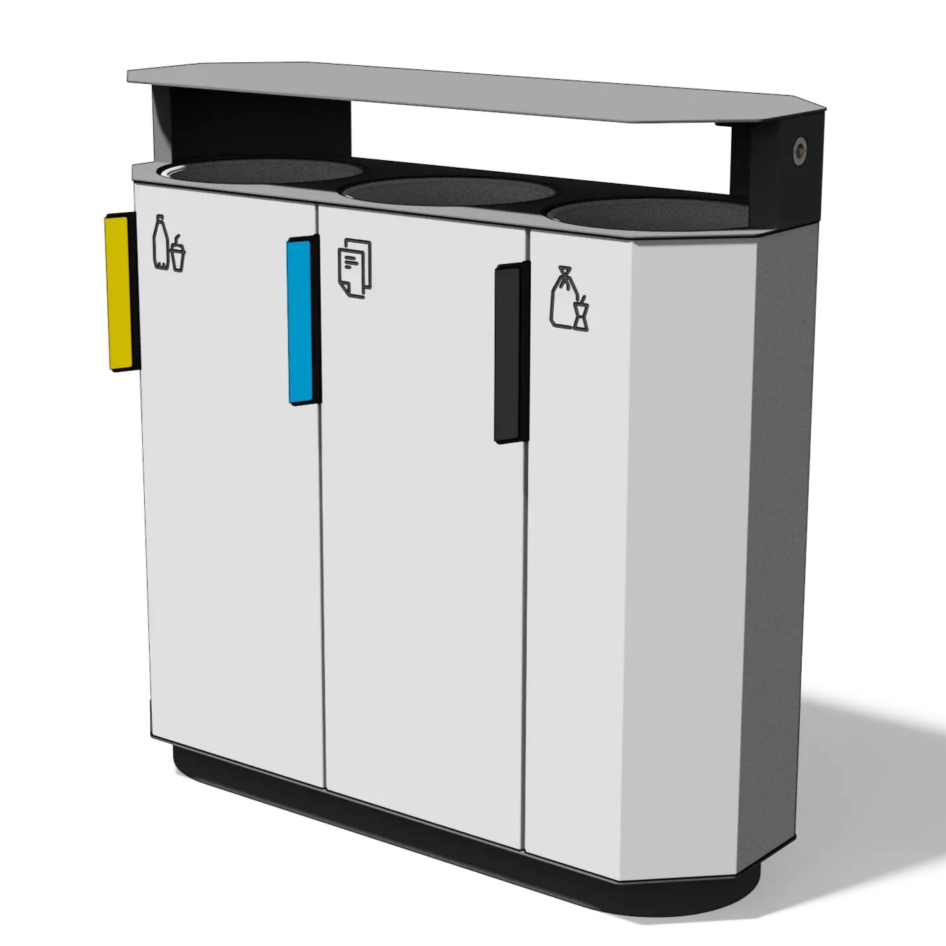 Die Abb. zeigt den Abfallbehälter A20 Aluminium mit Stahldach, rund mit Verkleidung in Weißaluminium (RAL 9006) und Rahmen in Anthrazitgrau (RAL 7016).