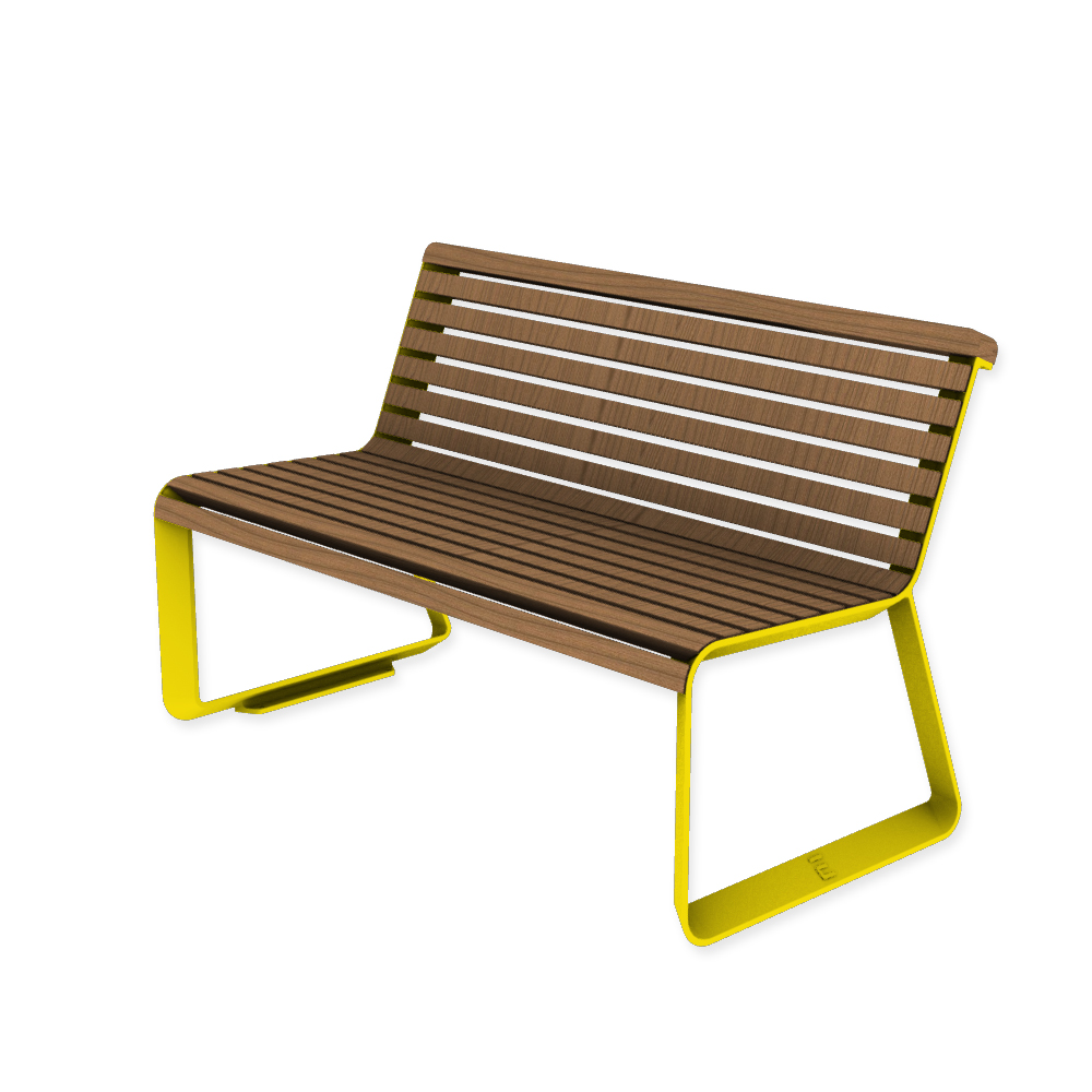 Die Abb. zeigt die EGOÉ Bank I2 profiliertes Aluminiumgestell in Rapsgelb (RAL 1021) mit Jatoba Natur.