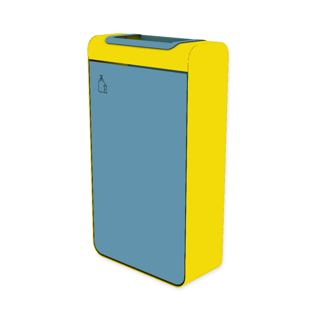 Die Abb. zeigt den EGOÉ Abfallbehälter I20 - 60 Liter mit Piktogramm Restmüll, Farbe Rahmen Rapsgelb (RAL 1021) und Farbe Korpus Pastellblau (RAL 5024).