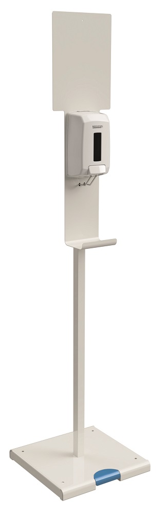 Die Abb. zeigt Desinfektionssäule mit Fußpedal und Hygienespender