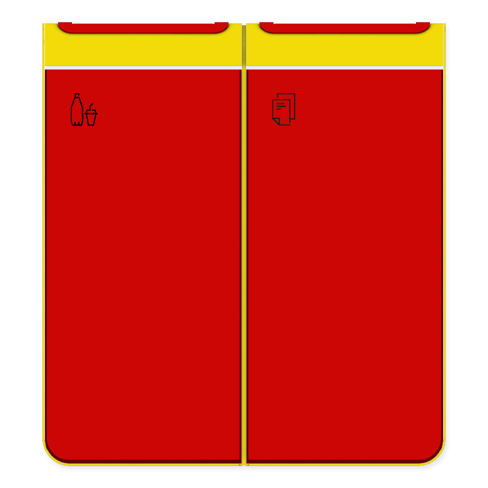 Die Abb. zeigt den EGOÉ Recycling Abfallbehälter I20 - 2x45 Liter mit Piktogrammen Kunststoff-Papier, Farbe Rahmen Rapsgelb (RAL 1021) und Farbe Korpus Verkehrsrot (RAL 3020).