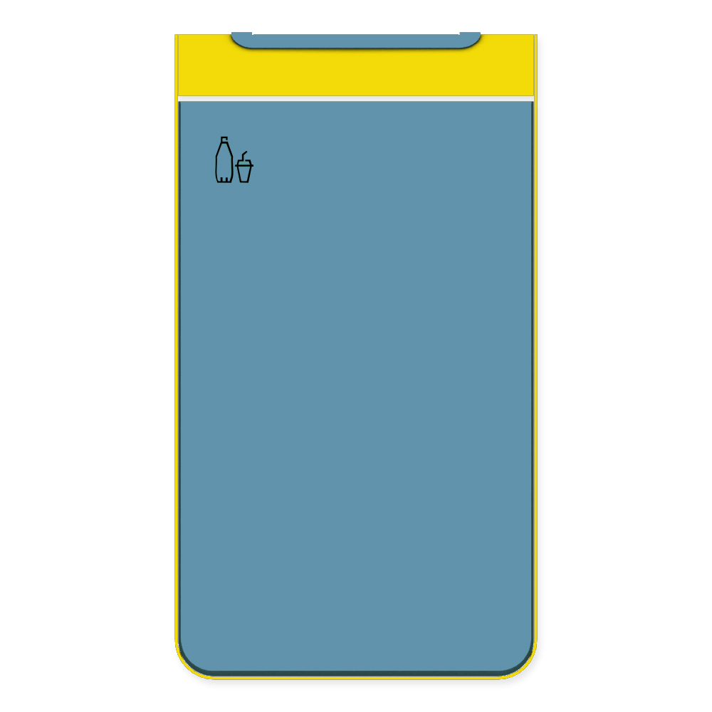 Die Abb. zeigt die Vorderseite des EGOÉ Abfallbehälters I20 - 60 Liter mit Piktogramm Kunststoff, Farbe Rahmen Rapsgelb (RAL 1021) und Farbe Korpus Pastellblau (RAL 5024).