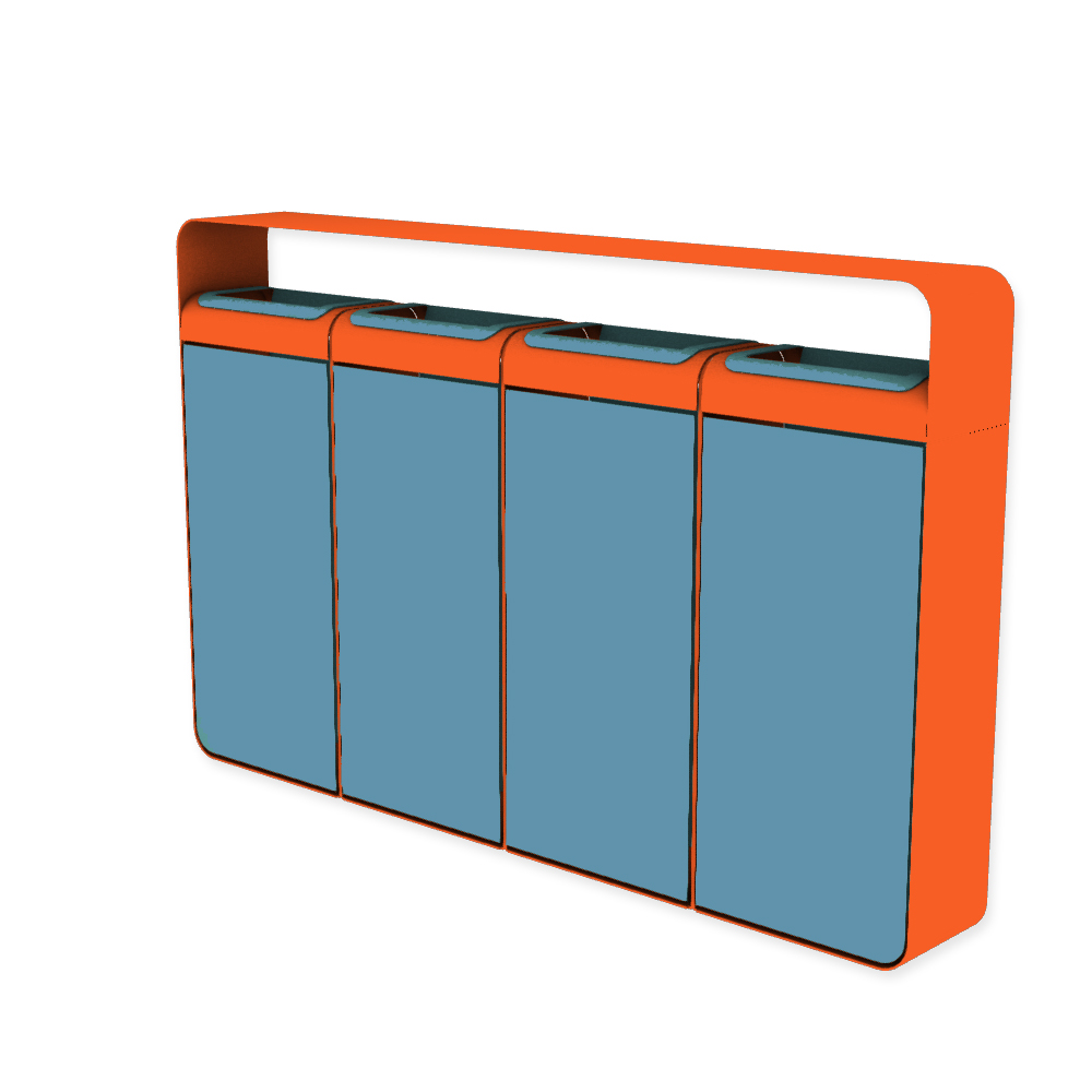 Die Abb. zeigt den EGOÉ Recycling Abfallbehälter I20 mit Dach - 4x45 Liter mit Farbe Rahmen Hellrotorange (RAL 2008) und Farbe Korpus Pastellblau (RAL 5024).