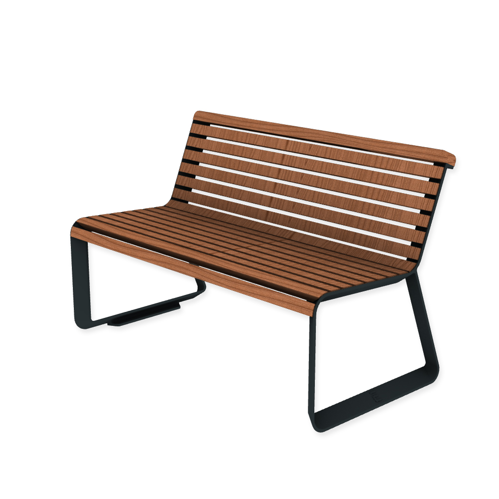 Die Abb. zeigt die EGOÉ Bank I2 profiliertes Aluminiumgestell in Anthrazitgrau (RAL 7016) mit Jatoba geölt.