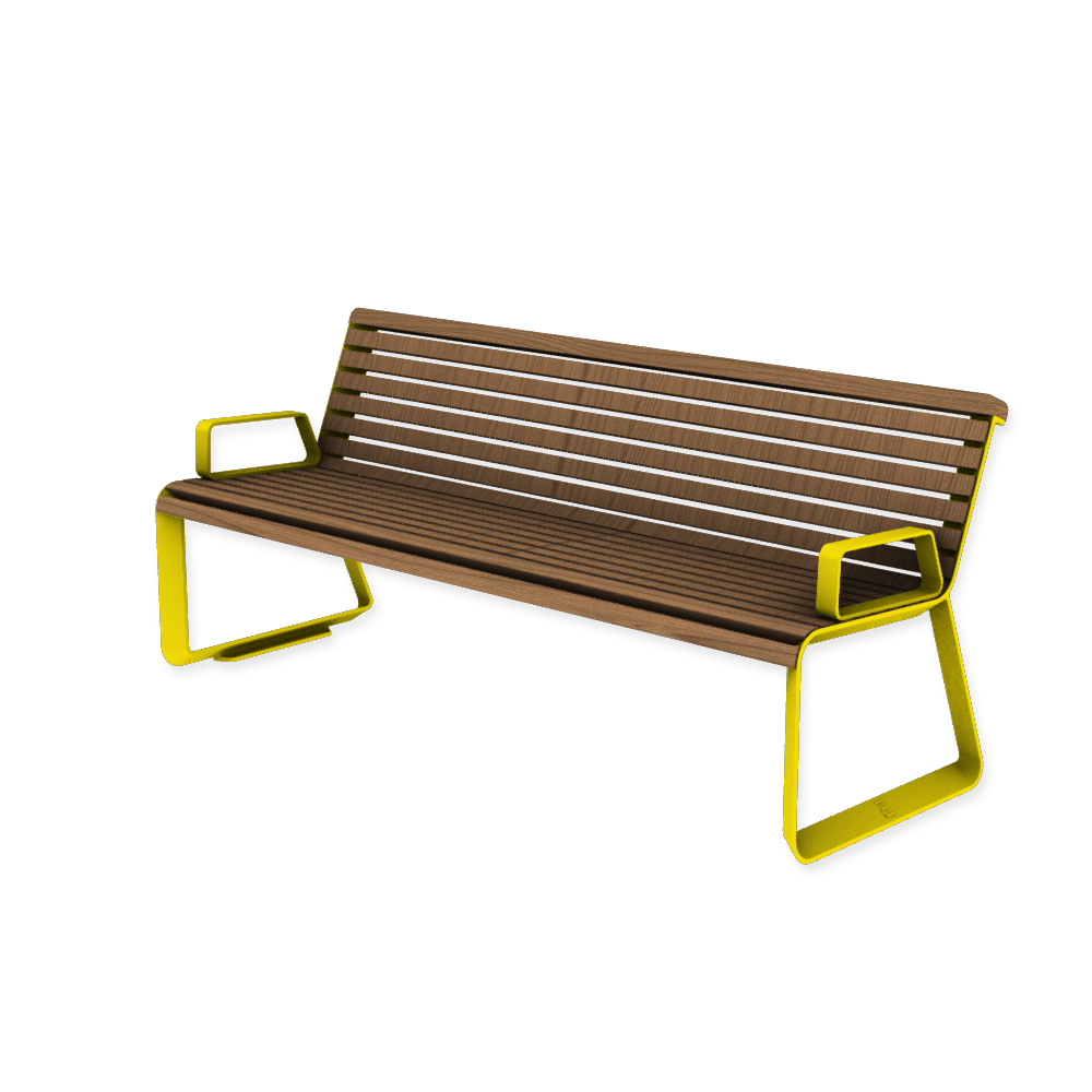 Die Abb. zeigt die EGOÉ Bank I2 profiliertes Aluminiumgestell mit Armlehnen in Rapsgelb (RAL 1021) mit Jatoba Natur.