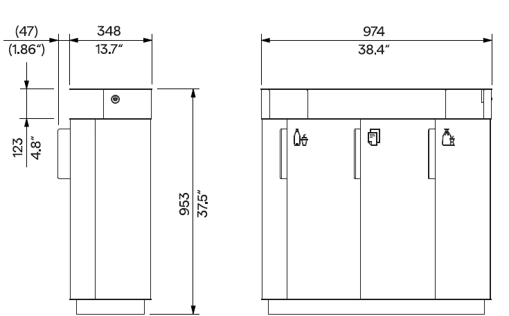 Die Abb. zeigt die technischen Daten des EGOÉ 3er Recycling-Abfallbehälters A20 Aluminium mit Stahldach, rund.