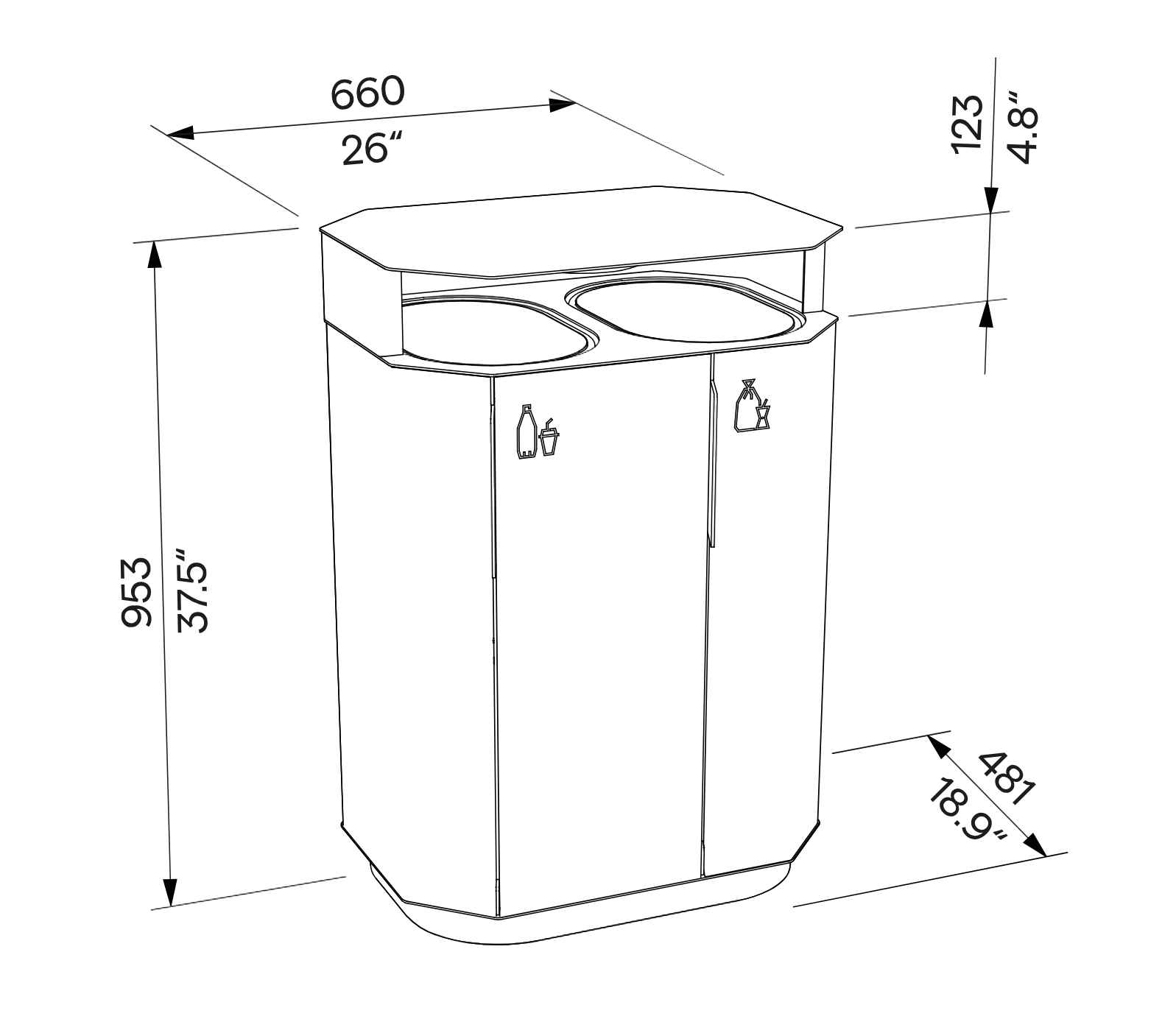 Die Abb. zeigt die technischen Daten des EGOÉ 2er Recycling-Abfallbehälters A20 Aluminium mit Stahldach, oval.