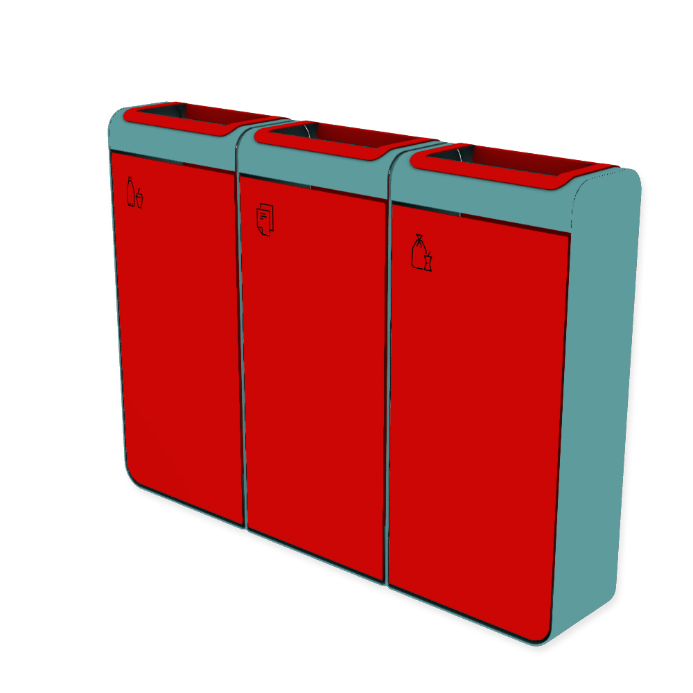Die Abb. zeigt den EGOÉ Recycling Abfallbehälter I20 - 3x45 Liter mit Piktogrammen,  Farbe Rahmen Pastellblau (RAL 5024) und Farbe Korpus Verkehrsrot (RAL 3020).