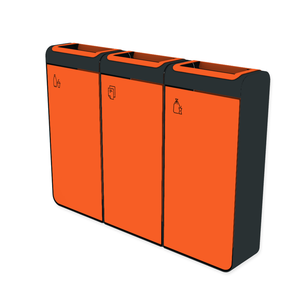 Die Abb. zeigt den EGOÉ Recycling Abfallbehälter I20 - 3x45 Liter mit Piktogrammen,  Farbe Rahmen Anthrazitgrau (RAL 7016) und Farbe Korpus Hellrotorange (RAL 2008).