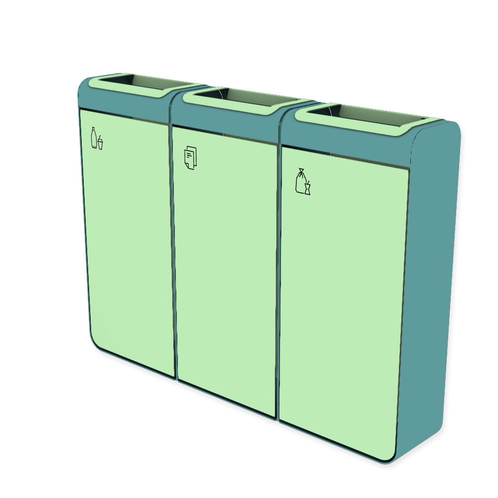 Die Abb. zeigt den EGOÉ Recycling Abfallbehälter I20 - 3x45 Liter mit Piktogrammen,  Farbe Rahmen Pastellblau (RAL 5024) und Farbe Korpus Weißgrün (RAL 6019).