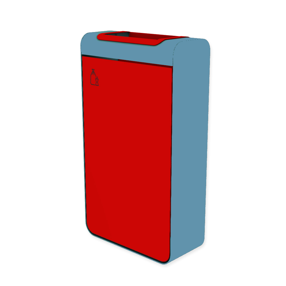 Die Abb. zeigt den EGOÉ Abfallbehälter I20 - 60 Liter mit Piktogramm Restmüll, Farbe Rahmen Pastellblau (RAL 5024) und Farbe Korpus Verkehrsrot (RAL 3020).
