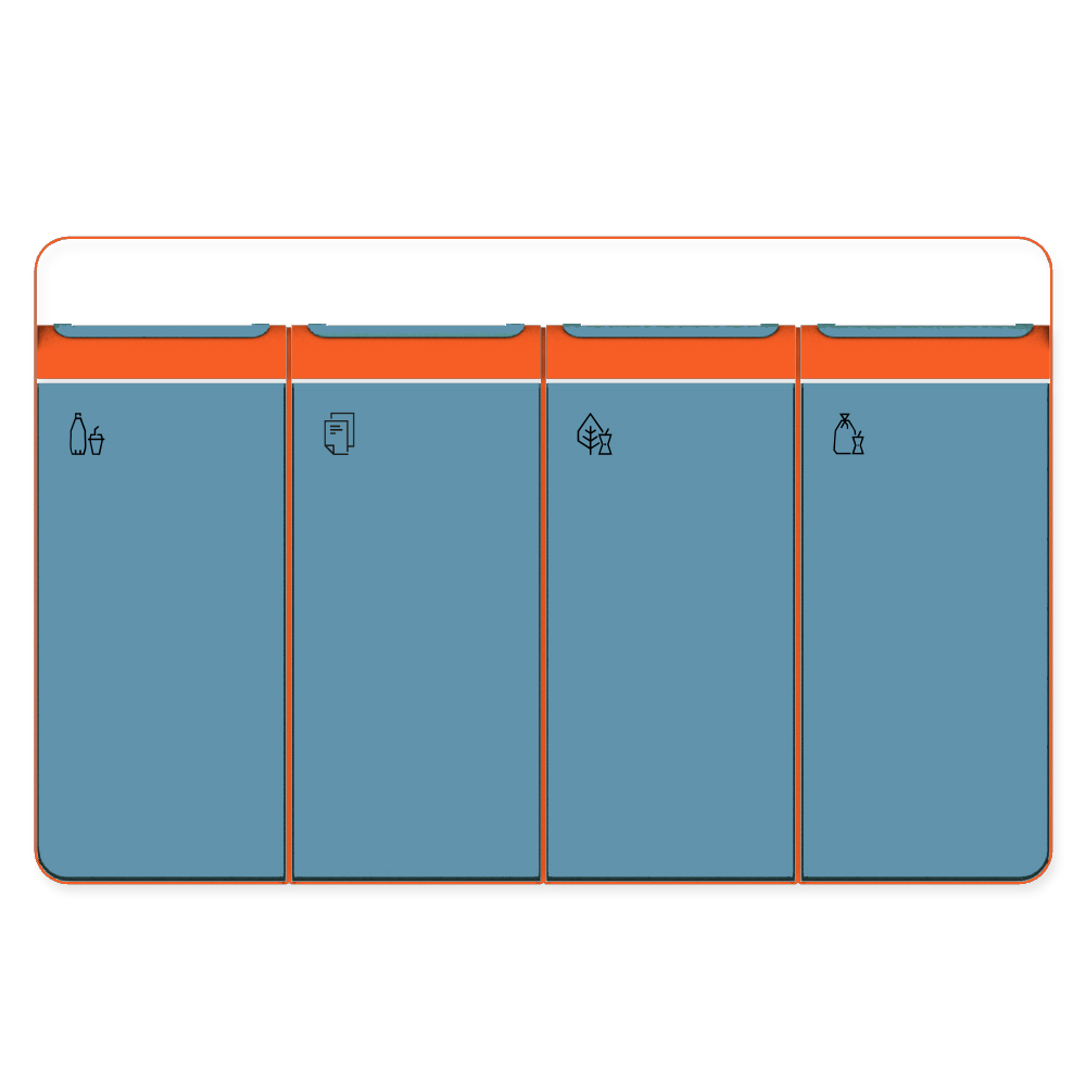 Die Abb. zeigt den EGOÉ Recycling Abfallbehälter I20 mit Piktogrammen, Dach - 4x45 Liter mit Piktogrammen, Farbe Rahmen Hellrotorange (RAL 2008) und Farbe Korpus Pastellblau (RAL 5024).