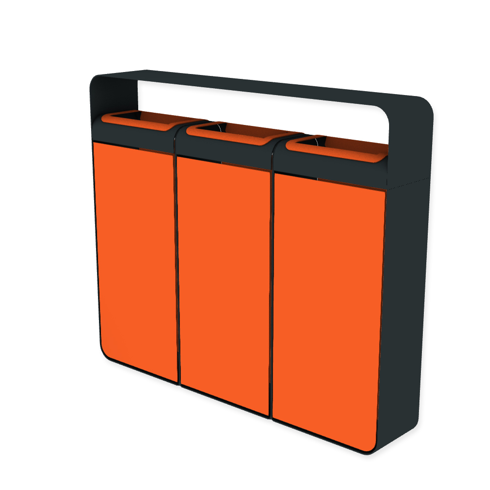 Die Abb. zeigt den EGOÉ Recycling Abfallbehälter I20 mit Dach - 3x45 Liter mit Farbe Rahmen Anthrazitgrau (RAL 7016) und Farbe Korpus Hellrotorange (RAL 2008).