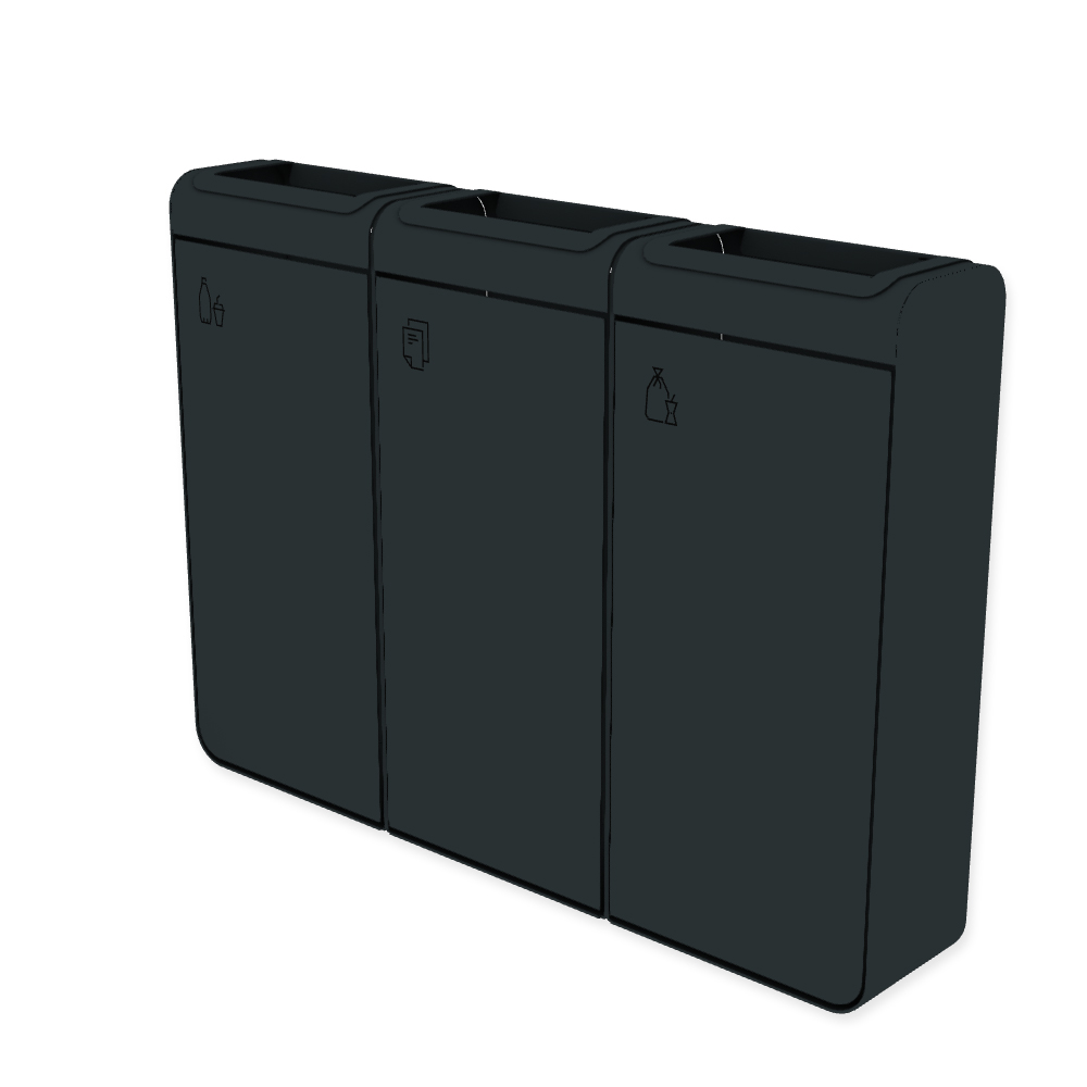 Die Abb. zeigt den EGOÉ Recycling Abfallbehälter I20 - 3x45 Liter mit Piktogrammen,  Farbe Rahmen Anthrazitgrau (RAL 7016) und Farbe Korpus Anthrazitgrau (RAL 7016).
