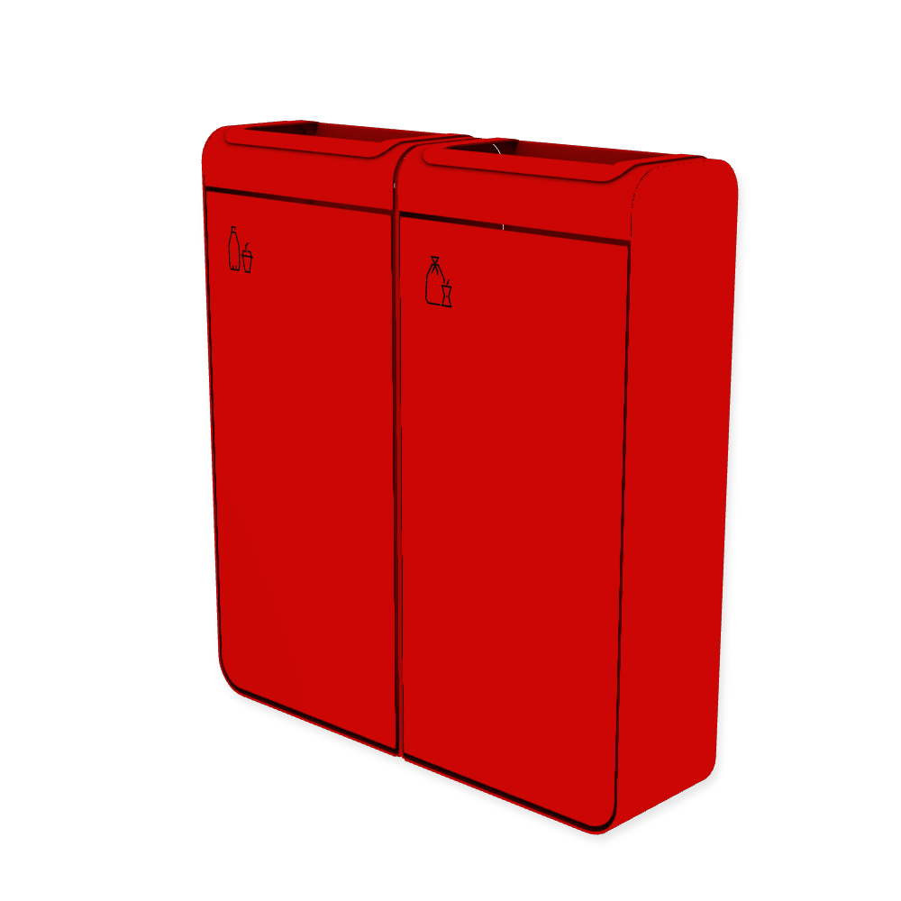 Die Abb. zeigt den EGOÉ Recycling Abfallbehälter I20 - 2x45 Liter mit Piktogrammen Kunststoff-Restmüll,  Farbe Rahmen Verkehrsrot (RAL 3020) und Farbe Korpus Verkehrsrot (RAL 3020).