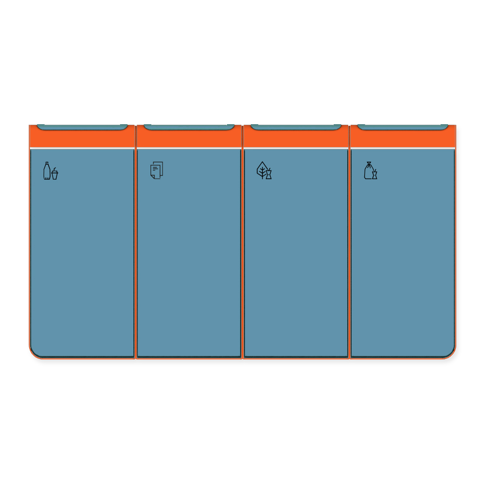 Die Abb. zeigt den EGOÉ Recycling Abfallbehälter I20 - 4x45 Liter mit Piktogrammen, Farbe Rahmen Hellrotorange (RAL 2008) und Farbe Korpus Pastellblau (RAL 5024).