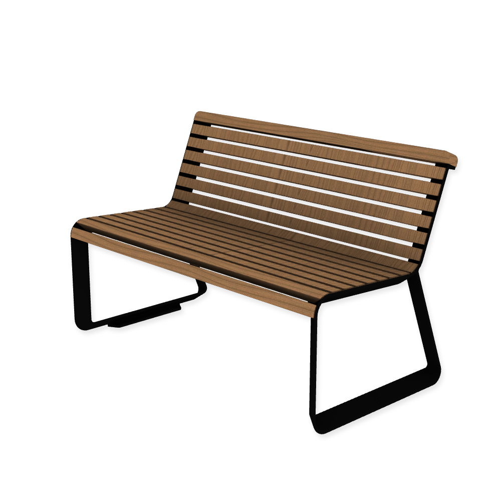 Die Abb. zeigt die EGOÉ Bank I2 profiliertes Aluminiumgestell in Tiefschwarz (RAL 9005) mit Jatoba Natur.