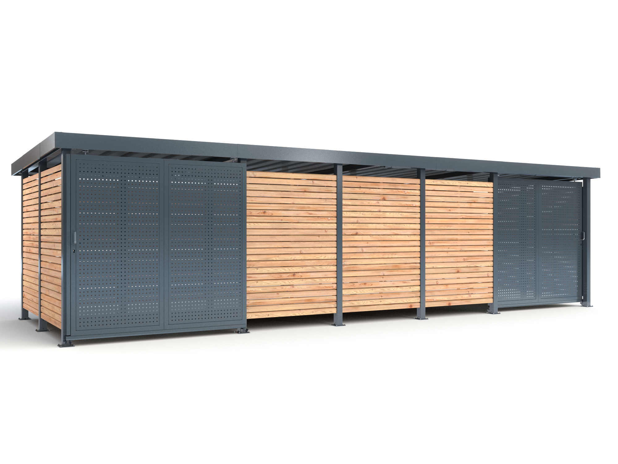 Die Abb. zeigt das RESORTI Fahrradhaus M6 mit Holzverkleidung und mit zwei großen Schiebetüren mit Lochblechverkleidung.