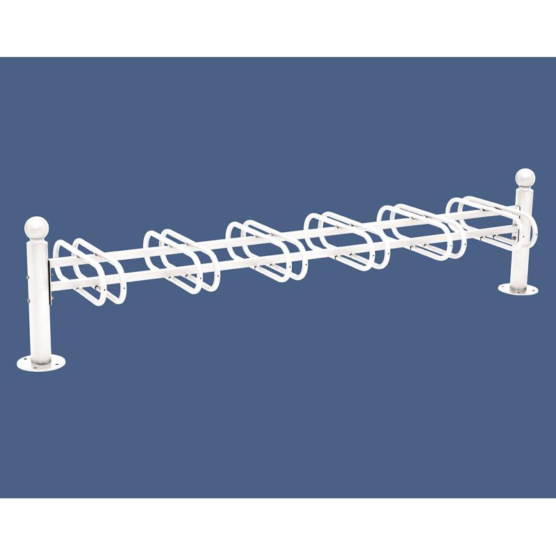 Die Abb. zeigt den Fahrradständer Province mit Kugelkopf, 6 doppelseitigen Stellplätzen in RAL 9010.