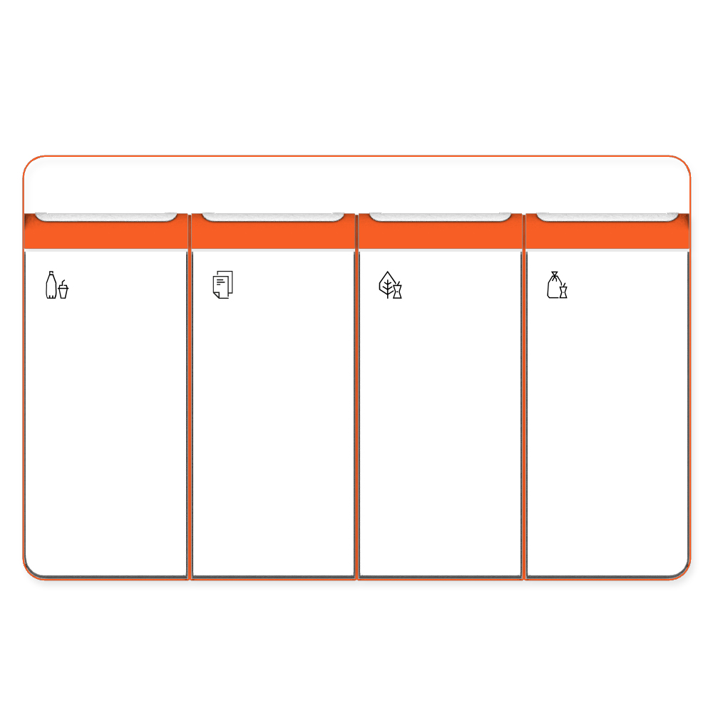 Die Abb. zeigt den EGOÉ Recycling Abfallbehälter I20 mit Piktogrammen, Dach - 4x45 Liter mit Piktogrammen, Farbe Rahmen Hellrotorange (RAL 2008) und Farbe Korpus Reinweiß (RAL 9010).