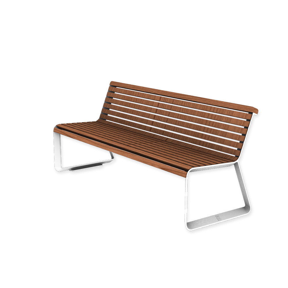 Die Abb. zeigt die EGOÉ Bank I2 profiliertes Aluminiumgestell in Reinweiß (RAL 9010) mit Jatoba geölt.
