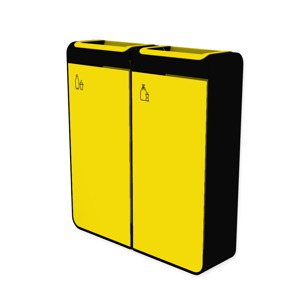 Die Abb. zeigt den EGOÉ Recycling Abfallbehälter I20 - 2x45 Liter mit Piktogrammen Kunststoff-Restmüll,  Farbe Rahmen Tiefschwarz (RAL 9005) und Farbe Korpus Rapsgelb (RAL 1021).