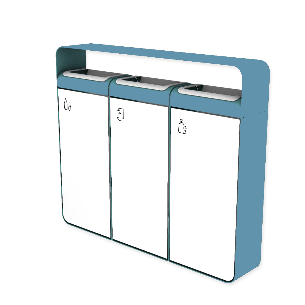Die Abb. zeigt den EGOÉ Recycling Abfallbehälter I20 mit Piktogrammen,  Dach - 3x45 Liter mit Piktogrammen,  Farbe Rahmen Pastellblau (RAL 5024) und Farbe Korpus Reinweiß (RAL 9010).