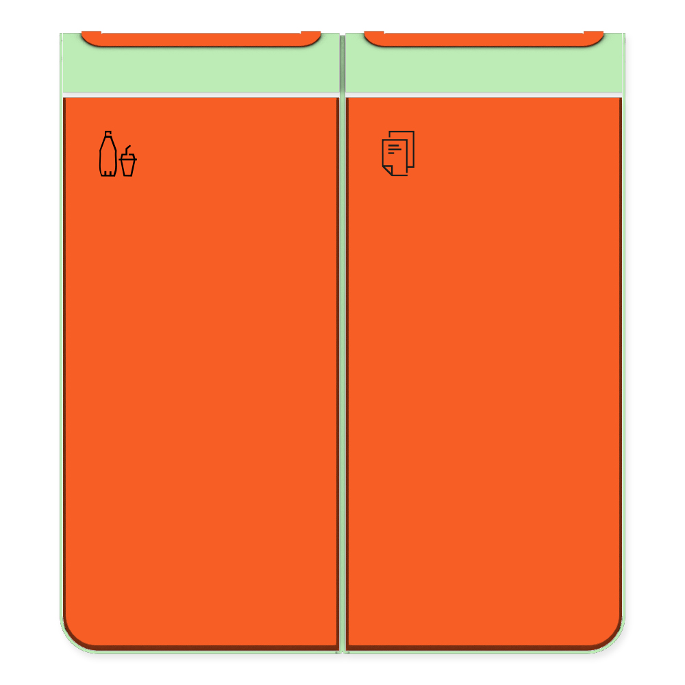 Die Abb. zeigt den EGOÉ Recycling Abfallbehälter I20 - 2x45 Liter mit Piktogrammen Kunststoff-Papier, Farbe Rahmen Weißgrün (RAL 6019) und Farbe Korpus Hellrotorange (RAL 2008).