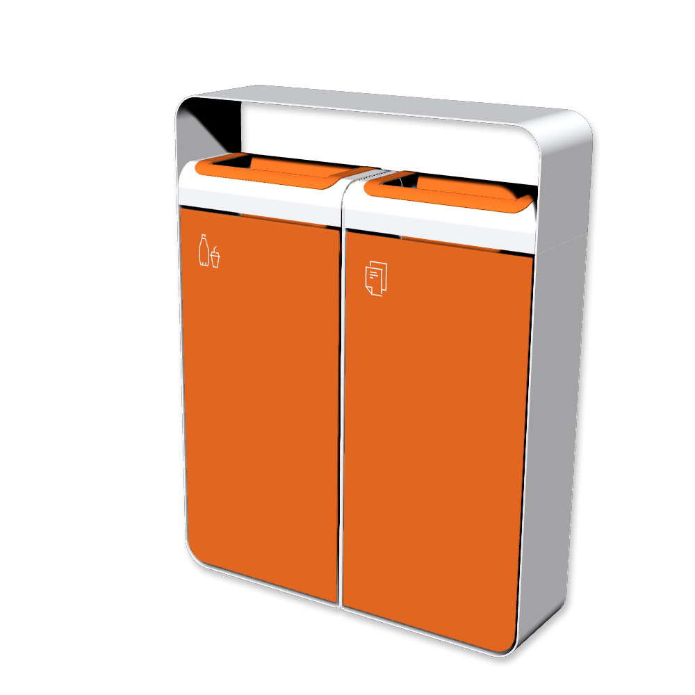 Die Abb. zeigt den Abfallbehälter I20 mit Piktogrammen Kunststoff-Papier, Farbe Rahmen Reinweiß (RAL 9010) und Farbe Korpus Hellrotorange (RAL 2008).
