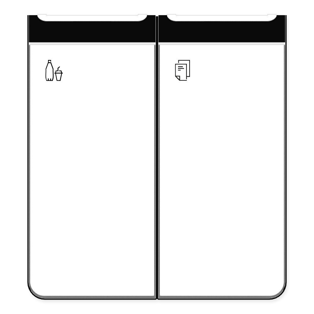Die Abb. zeigt den EGOÉ Recycling Abfallbehälter I20 - 2x45 Liter mit Piktogrammen Kunststoff-Papier, Farbe Rahmen Tiefschwarz (RAL 9005) und Farbe Korpus Reinweiß (RAL 9010).