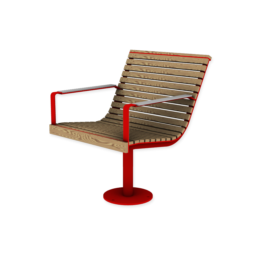 Die Abb. zeigt den EGOÉ Stuhl I1 auf einem Bein zum Aufschrauben in Verkehrsrot (RAL 3020) mit HPL-Besatz Armlehnen in Mittelgrau (NT 0747) und Thermoesche Natur.