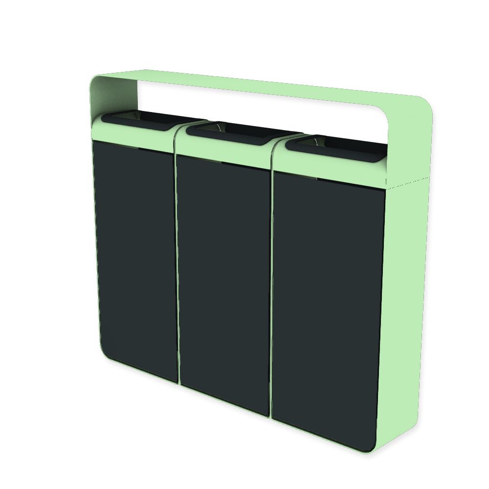 Die Abb. zeigt den EGOÉ Recycling Abfallbehälter I20 mit Dach - 3x45 Liter mit Farbe Rahmen Weißgrün (RAL 6019) und Farbe Korpus Anthrazitgrau (RAL 7016).