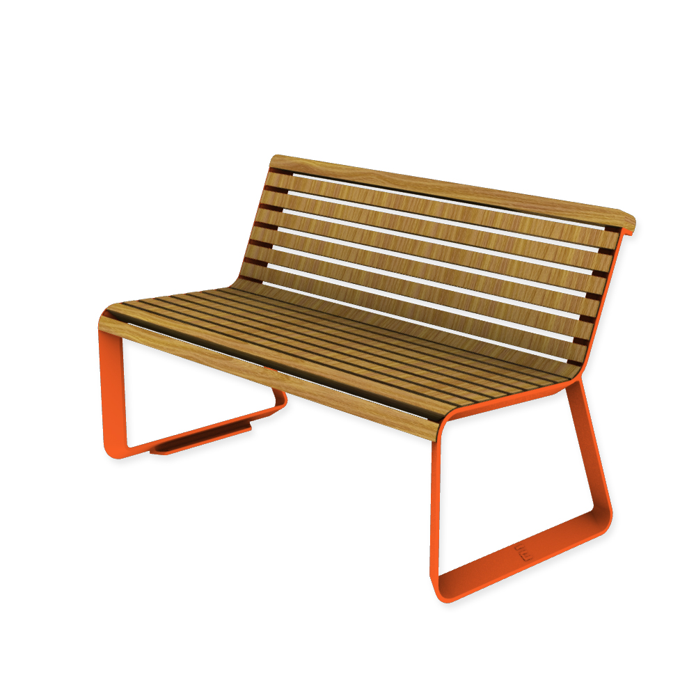 Die Abb. zeigt die EGOÉ Bank I2 profiliertes Aluminiumgestell in Hellrotorange (RAL 2008) mit Robinie geölt.