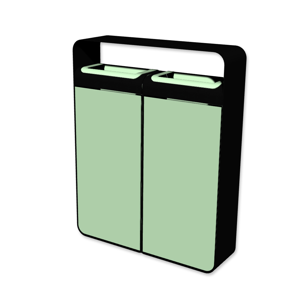 Die Abb. zeigt den Abfallbehälter I20 ohne Piktogramme, mit Farbe Rahmen Tiefschwarz (RAL 9005) und Farbe Korpus Weißgrün (RAL 6019).