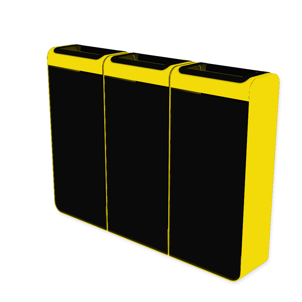 Die Abb. zeigt den EGOÉ Recycling Abfallbehälter I20 - 3x45 Liter mit Farbe Rahmen Rapsgelb (RAL 1021) und Farbe Korpus Tiefschwarz (RAL 9005).
