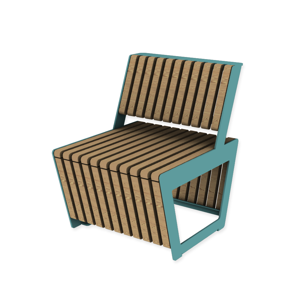 Die Abb. zeigt den modularen Stuhl A4 mit schmalen Holzleisten in Pastellblau (RAL 5024) mit Thermoesche Natur.