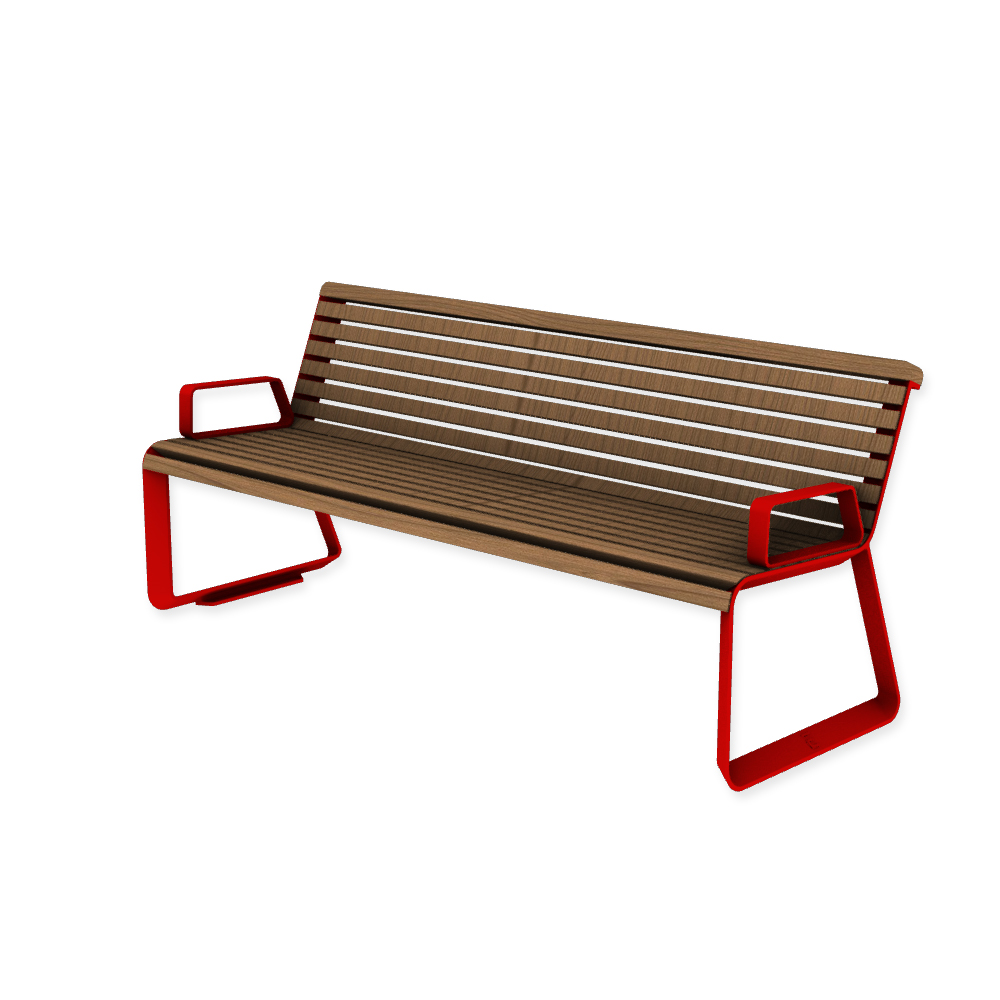Die Abb. zeigt die EGOÉ Bank I2 profiliertes Aluminiumgestell mit Armlehnen in Verkehrsrot (RAL 3020) mit Jatoba Natur.