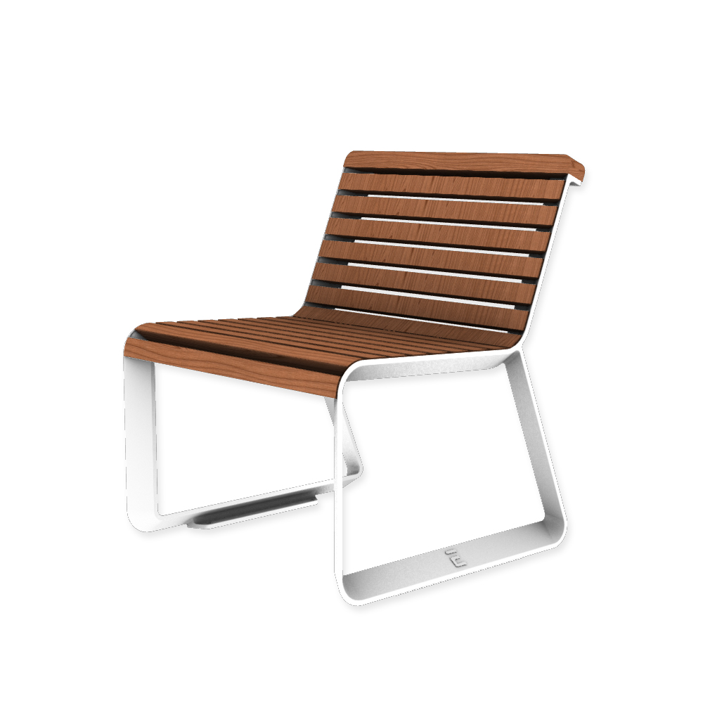 Die Abb. zeigt den EGOÉ Stuhl I2 profiliertes Aluminiumgestell in Reinweiß (RAL 9010) mit Jatoba geölt.