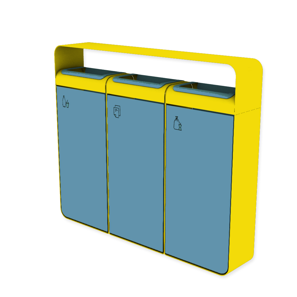 Die Abb. zeigt den EGOÉ Recycling Abfallbehälter I20 mit Piktogrammen,  Dach - 3x45 Liter mit Piktogrammen,  Farbe Rahmen Rapsgelb (RAL 1021) und Farbe Korpus Pastellblau (RAL 5024).