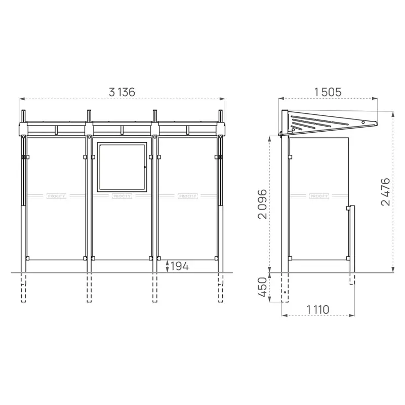 Die Abb. zeigt die Wartehalle Convi mit Sicherheitsglas – Maßskizze.